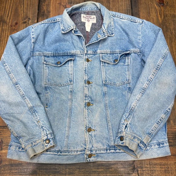 VTG XL Wrangler Rugged Wear Denim Jacket Men Light Wash Blanket Line Western 90s
